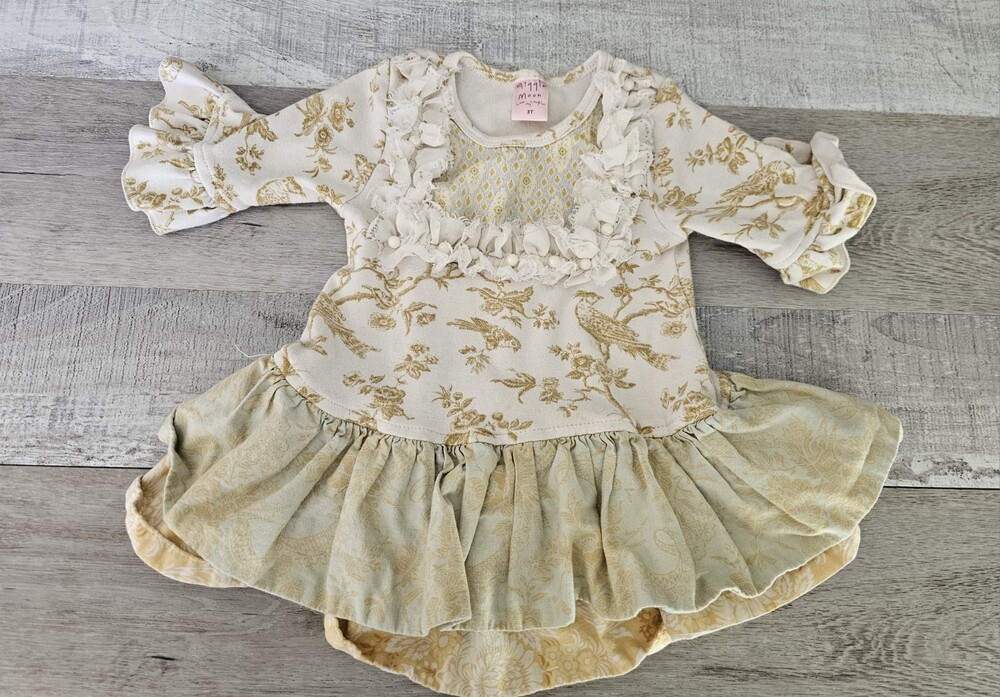 Giggle Moon Ruffle Top 3T Gold Green Birds Spring Toddler Girl